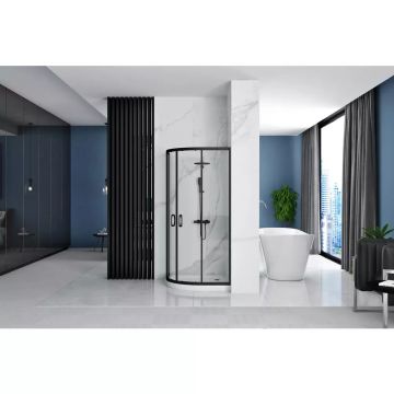 Cabina dus cu cadita semirotunda Rea Look cu doua usi culisante 90x90 negru mat