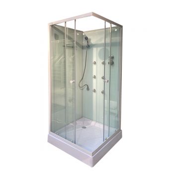 Cabina de dus cu hidromasaj patrata Elba Square  sticla transparenta  90x90x200 cm  profil alb  cadita joasa si sifon incluse