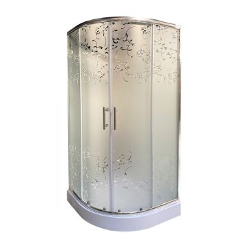 Cabina de dus simpla semirotunda Saturn  sticla serigrafiata 4 mm model floral  90x90x195 cm  profil aluminiu  cadita joasa si sifon incluse