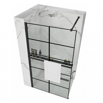 Paravan de dus Walk-In Rea Bler-1 80 cm cu raft si suport Evo Negru Mat Paravan de dus Walk-In Rea Bler-1 80 cm cu raft si suport Evo Negru Mat
