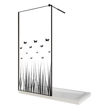 Paravan dus walk in / Perete dus  sticla cu model Butterfly 103 6 mm  profil negru mat  tija extensibila  80 x 200 cm