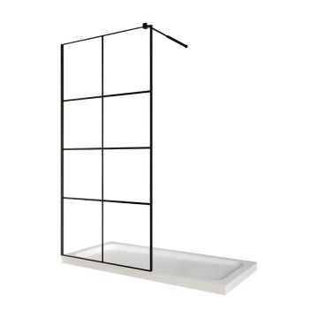 Paravan dus walk in / Perete dus  sticla cu model Windows 101 6 mm  profil negru mat  tija extensibila  90 x 200 cm