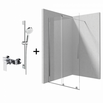 Set paravan dus walk-in cu usa glisanta, 100x195 cm, crom lucios, Deante Prizma, cu para dus, bara, furtun si baterie crom