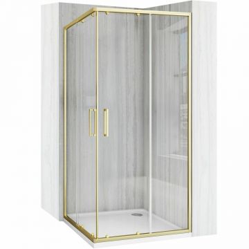 Cabina de dus patrata cu usi glisante auriu periat Rea City 80x80 cm si cadita alba