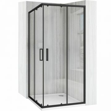 Cabina de dus patrata cu usi glisante negru Rea City 80x80 cm si cadita neagra