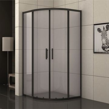 Cabina de dus semirotunda Inter Ceramic cu usi glisante 80x80 cm negru mat - transparent fumuriu
