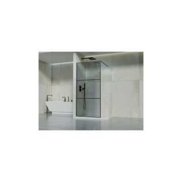 Paravan de dus tip Walk-In Inter Ceramic profil negru mat - sticla fumurie cu lini negre 90x190 cm