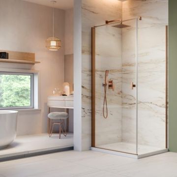 Cabina de dus dreptunghiulara cu usa batanta Radaway Nes KDJ I 90x75 cm finisaj cupru periat-transparent stanga