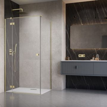 Cabina de dus dreptunghiulara cu usa batanta Radaway Essenza KDJ 90x75 cm finisaj auriu periat-transparent stanga