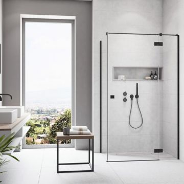 Cabina de dus patrata cu usa batanta Radaway Essenza KDJ 80x80 cm negru mat-transparent dreapta