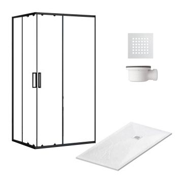 Pachet cabina de dus negru Balneo 80x100 cm, cadita pentru dus Balneo alb, sifon cadita alb si capac cadita