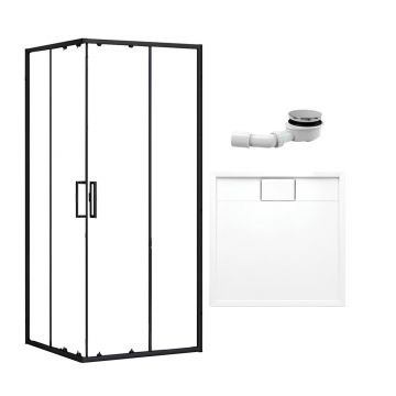 Pachet cabina de dus negru mat Rea Punto 90x90 cm, cadita pentru dus Omnires Brooklyn si set sifon cadita