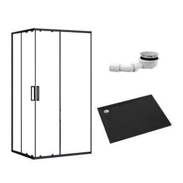 Pachet cabina de dus negru Rea punto 80x100 cm, cadita pentru dus Omnires Stone negru si set sifon cadita