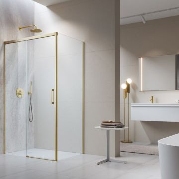 Cabina de dus patrata cu usa glisanta Radaway Idea KDJ 110x110 cm finisaj auriu periat-transparent stanga