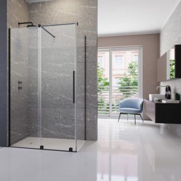 Cabina de dus patrata usa culisanta Radaway Furo KDJ 120x120 profil negru mat stanga