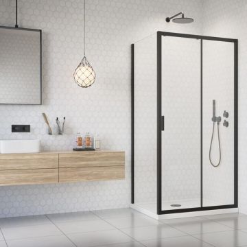 Pachet cabina de dus Alienta Black DWJ+S 120x90 cm, cadita pentru dus Laros D Compact alb si sifon cadita negru