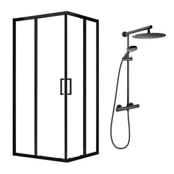 Pachet cabina de dus Fluminia Hector negru 90x90 cm si coloana de dus FDesign Anima Quadro negru
