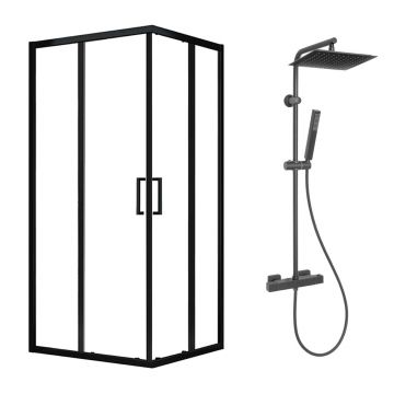 Pachet cabina de dus Fluminia Hector negru 90x90 cm si coloana de dus Invena Svart negru