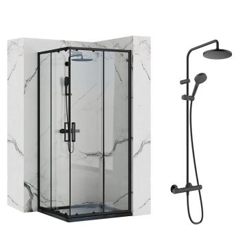 Pachet cabina de dus Rea Punto negru 90x90 cm si coloana de dus Hansgrohe Vernis Blend negru