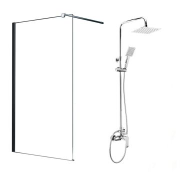Pachet paravan dus Walk-In Fluminia Black crom 100x200 cm si coloana de dus Deante Corio crom