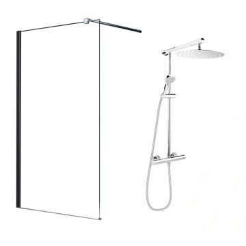 Pachet paravan dus Walk-In Fluminia Black crom 100x200 cm si coloana de dus FDesign Anima crom