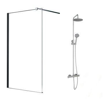 Pachet paravan dus Walk-In Fluminia Black crom 100x200 cm si coloana de dus OMNIRES Y crom