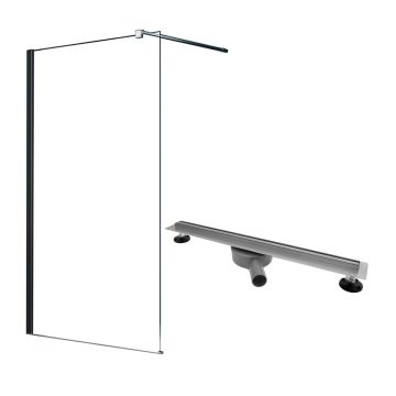 Pachet paravan dus Walk-In Fluminia Black crom 100x200 cm si rigola Rea Neo Slim Pro crom