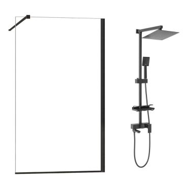 Pachet paravan dus Walk-In Fluminia Foxy negru 100x200 cm si coloana de dus Rea Jack negru