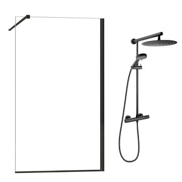 Pachet paravan dus Walk-In Fluminia Foxy negru 120x200 cm si coloana de dus FDesign Anima Quadro negru