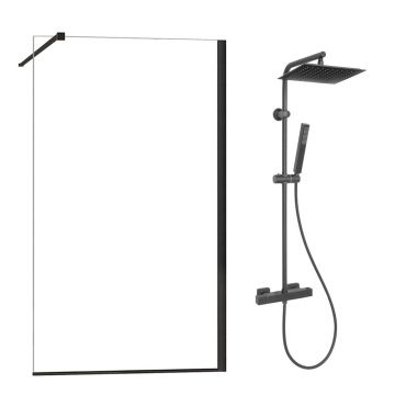 Pachet paravan dus Walk-In Fluminia Foxy negru 90x200 cm si coloana de dus Invena Svart negru