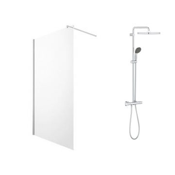 Pachet paravan dus Walk-In Omnires Marina crom 90x200 cm si coloana de dus Grohe Vitalio Start crom