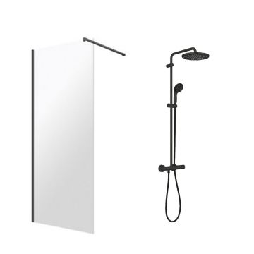 Pachet paravan dus Walk-In Omnires Marina negru 100x200 cm si coloana de dus Grohe Vitalio Start negru