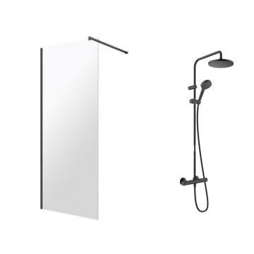 Pachet paravan dus Walk-In Omnires Marina negru 100x200 cm si coloana de dus Hansgrohe Vernis Blend negru