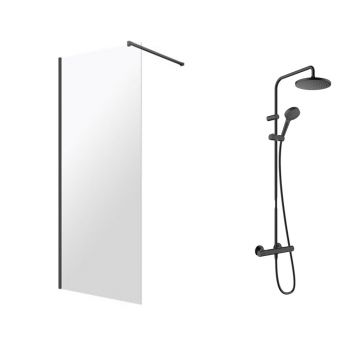 Pachet paravan dus Walk-In Omnires Marina negru 110x200 cm si coloana de dus Hansgrohe Vernis Blend negru