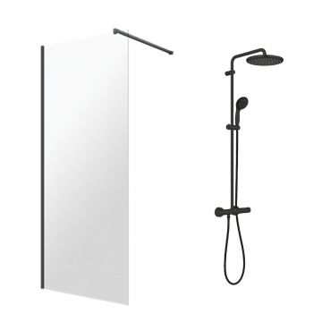 Pachet paravan dus Walk-In Omnires Marina negru 90x200 cm si coloana de dus Grohe Vitalio Start negru