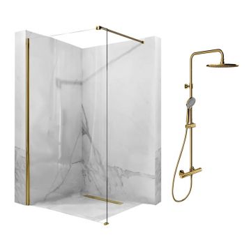 Pachet paravan dus Walk-In Rea Aero auriu 100x195 cm si coloana de dus Omnires Y auriu