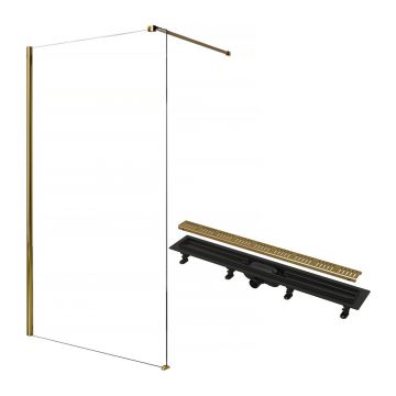 Pachet paravan dus Walk-In Rea Aero auriu 100x195 cm si rigola Alcadrain auriu