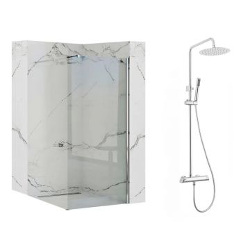 Pachet paravan dus Walk-In Rea Aero crom 90x195 cm si coloana de dus Deante Arnika crom