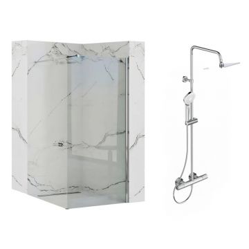 Pachet paravan dus Walk-In Rea Aero crom 90x195 cm si coloana de dus Ideal Standard Ceratherm T100 crom