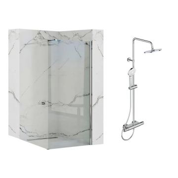 Pachet paravan dus Walk-In Rea Aero crom 90x195 cm si coloana de dus Ideal Standard Ceratherm T50 crom