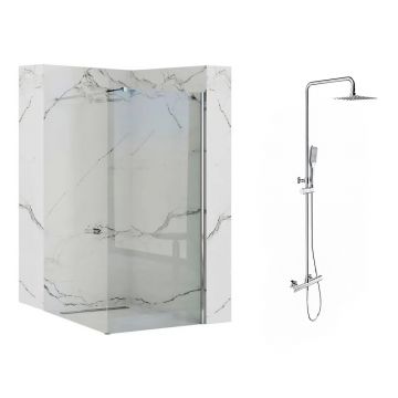 Pachet paravan dus Walk-In Rea Aero crom 90x195 cm si coloana de dus Omnires Y crom