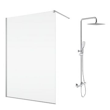Pachet paravan dus Walk-In SanSwiss Easy crom 100x200 cm si coloana de dus Omnires Y crom